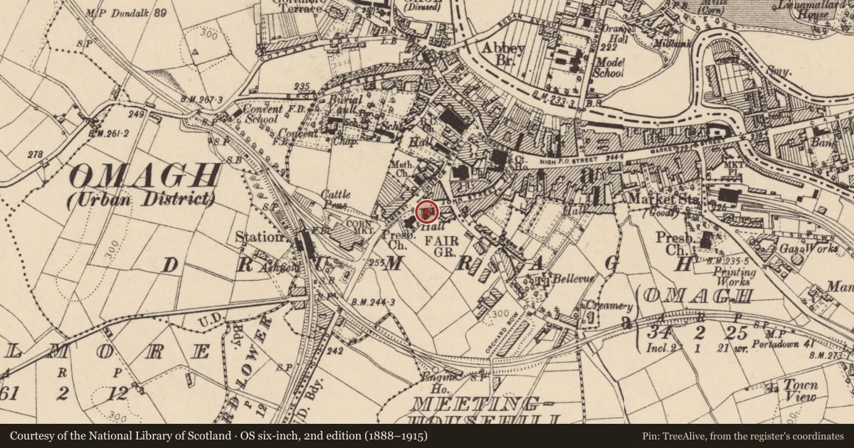 Ordnance Survey six-inch map, 2nd edition (1888–1915) covering the location of Trinity Presbyterian Church Hall, Gallows Hill, Fermanagh and Omagh, with a pin at the register's coordinates