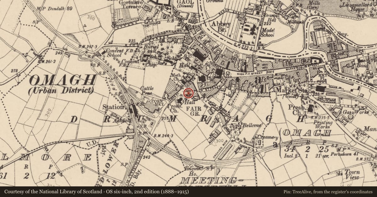 Ordnance Survey six-inch map, 2nd edition (1888–1915) covering the location of 40 John Street, Gallows Hill, Fermanagh and Omagh, with a pin at the register's coordinates