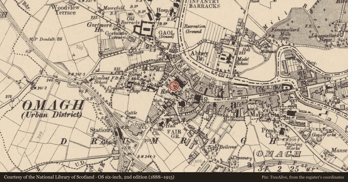 Ordnance Survey six-inch map, 2nd edition (1888–1915) covering the location of 13 Church Street, Fermanagh and Omagh, with a pin at the register's coordinates