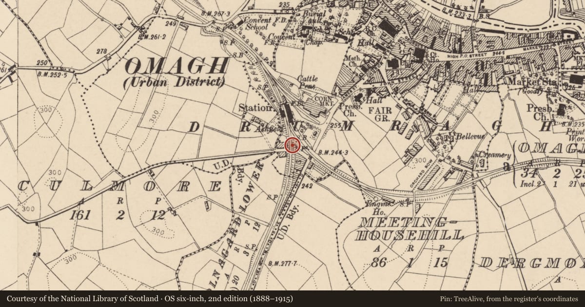 Ordnance Survey six-inch map, 2nd edition (1888–1915) covering the location of Bridge No 35, Fermanagh and Omagh, with a pin at the register's coordinates
