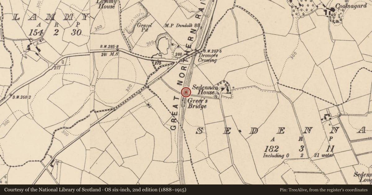 Ordnance Survey six-inch map, 2nd edition (1888–1915) covering the location of Greers Bridge, Fermanagh and Omagh, with a pin at the register's coordinates