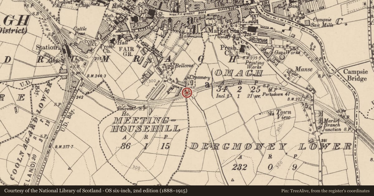 Ordnance Survey six-inch map, 2nd edition (1888–1915) covering the location of Bridge No 27, Fermanagh and Omagh, with a pin at the register's coordinates