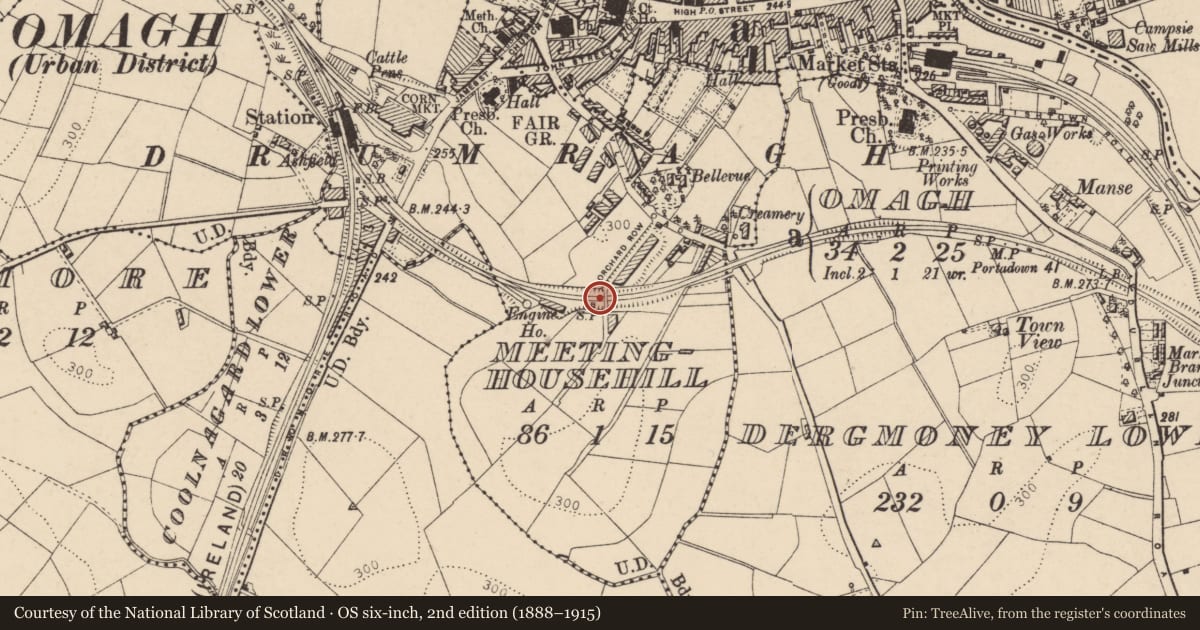 Ordnance Survey six-inch map, 2nd edition (1888–1915) covering the location of Bridge No 28, Fermanagh and Omagh, with a pin at the register's coordinates