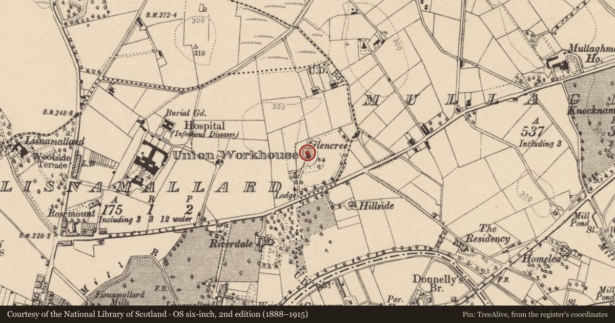 Ordnance Survey six-inch map, 2nd edition (1888–1915) covering the location of Glencree House, Lisnamallard, Fermanagh and Omagh, with a pin at the register's coordinates