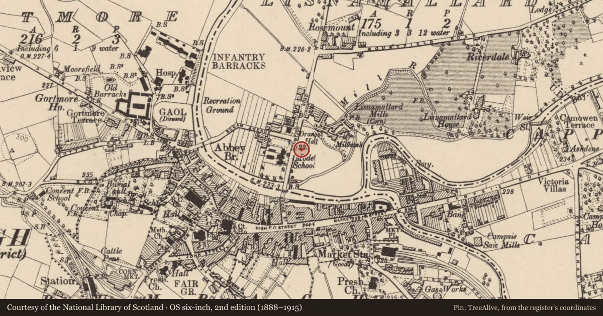 Ordnance Survey six-inch map, 2nd edition (1888–1915) covering the location of County Tyrone War Memorial, Drumragh Avenue, Omagh, Co Tyrone BT78, Lisnamallard, Fermanagh and Omagh, with a pin at the register's coordinates