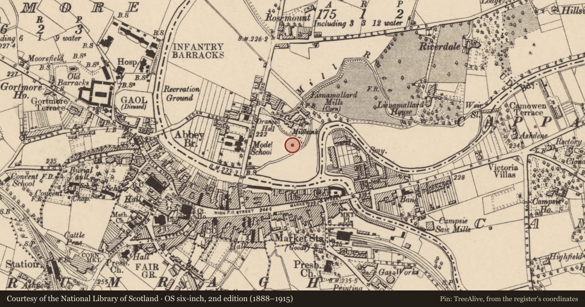 Ordnance Survey six-inch map, 2nd edition (1888–1915) covering the location of Inniskilling Fusiliers Memorial, Lisnamallard, Fermanagh and Omagh, with a pin at the register's coordinates