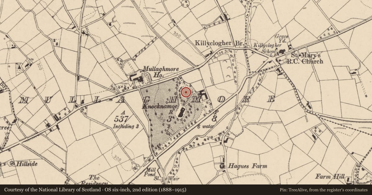 Ordnance Survey six-inch map, 2nd edition (1888–1915) covering the location of Knock Na Moe Hotel, Fermanagh and Omagh, with a pin at the register's coordinates