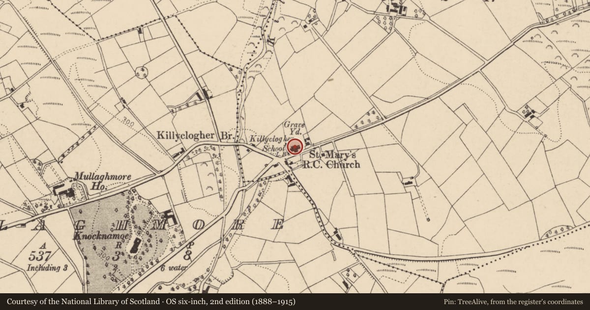 Ordnance Survey six-inch map, 2nd edition (1888–1915) covering the location of St. Mary's Roman Catholic Church, Killyclogher, Fermanagh and Omagh, with a pin at the register's coordinates