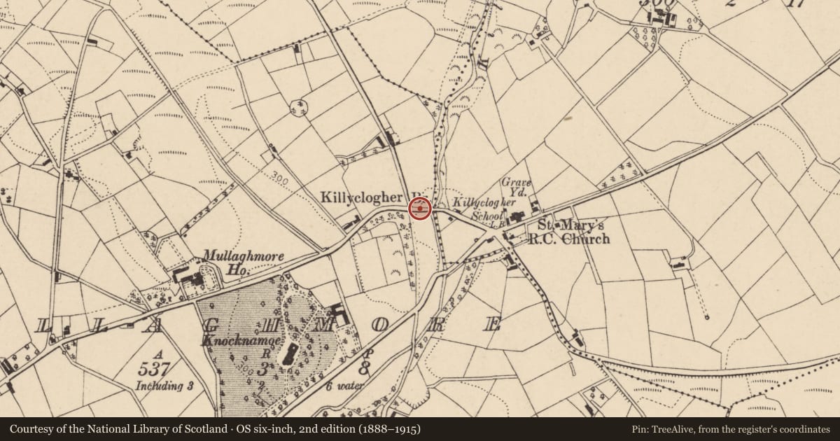Ordnance Survey six-inch map, 2nd edition (1888–1915) covering the location of Killyclougher Bridge, Fermanagh and Omagh, with a pin at the register's coordinates
