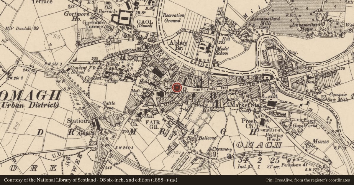 Ordnance Survey six-inch map, 2nd edition (1888–1915) covering the location of Courthouse, Omagh, Fermanagh and Omagh, with a pin at the register's coordinates