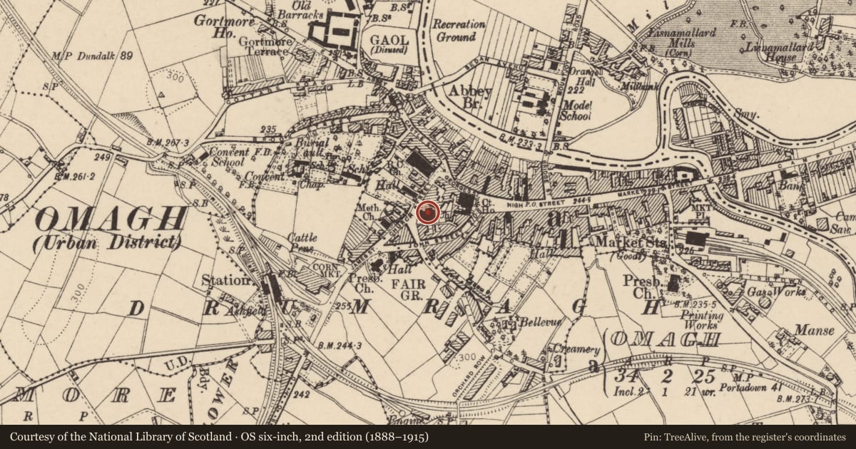 Ordnance Survey six-inch map, 2nd edition (1888–1915) covering the location of St. Columba’s Church of Ireland, Omagh, Fermanagh and Omagh, with a pin at the register's coordinates