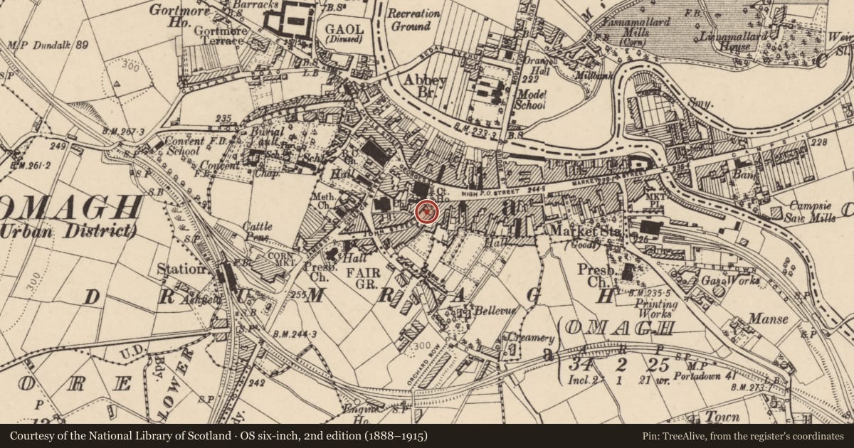 Ordnance Survey six-inch map, 2nd edition (1888–1915) covering the location of 4 John Street, Omagh, Fermanagh and Omagh, with a pin at the register's coordinates
