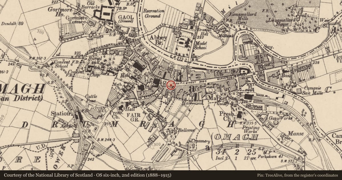 Ordnance Survey six-inch map, 2nd edition (1888–1915) covering the location of No’s 11 & 13, Fermanagh and Omagh, with a pin at the register's coordinates