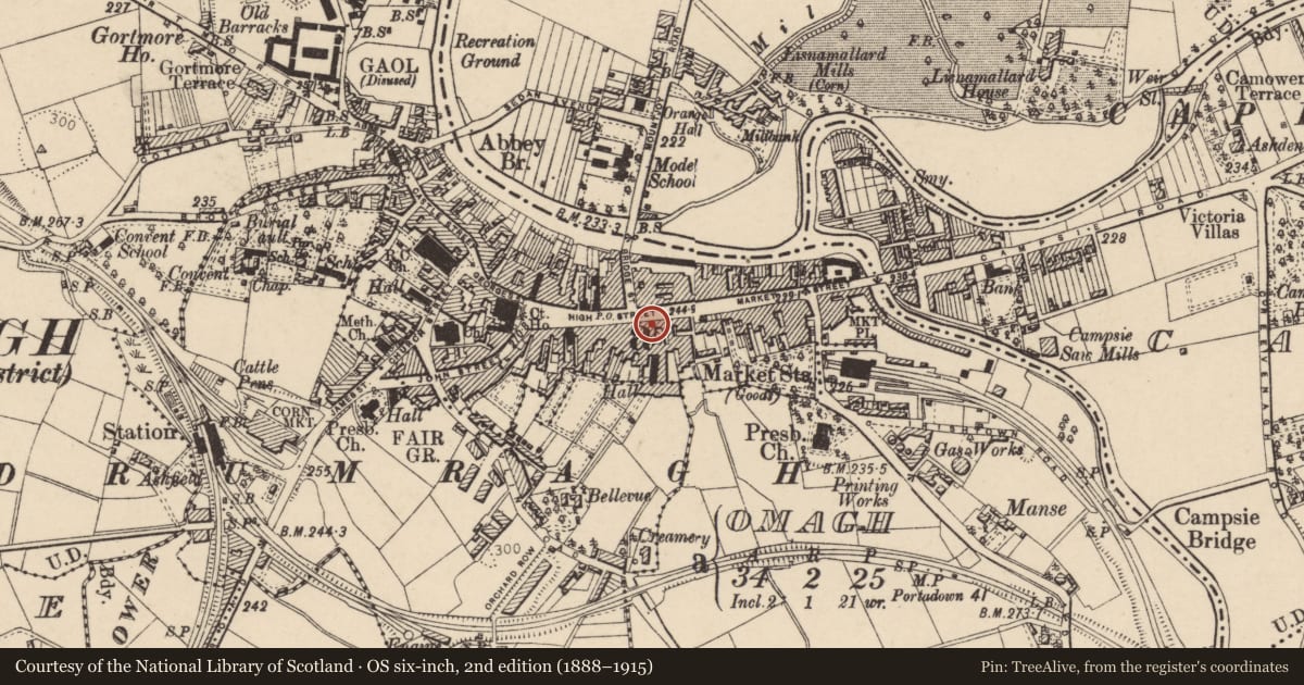 Ordnance Survey six-inch map, 2nd edition (1888–1915) covering the location of 47 High St., Fermanagh and Omagh, with a pin at the register's coordinates