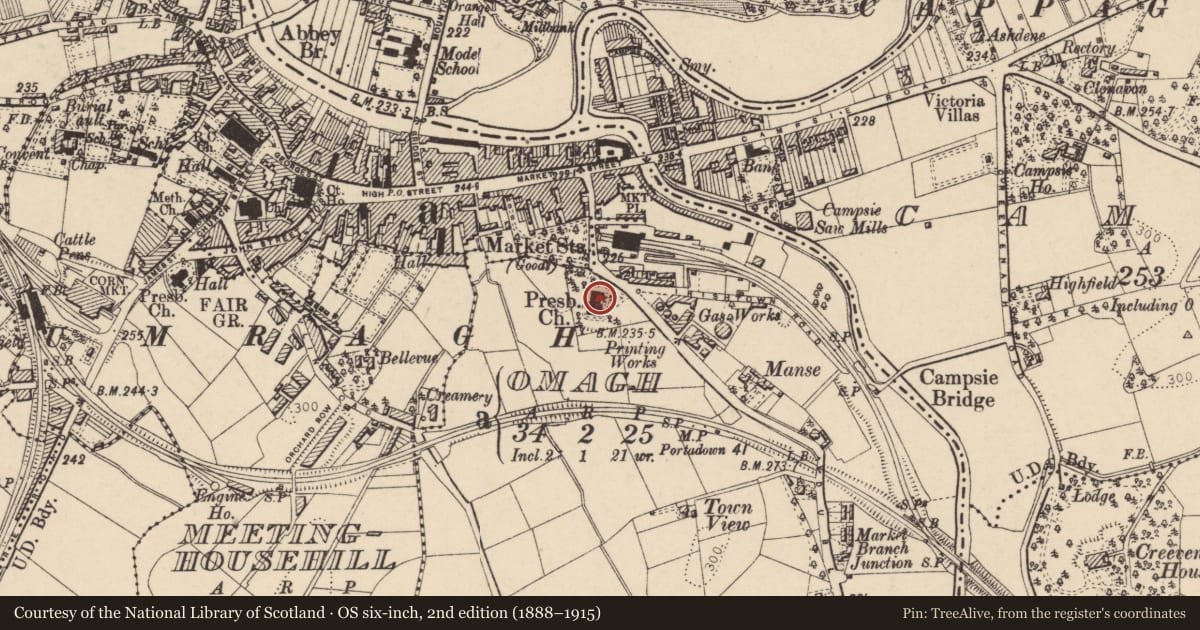 Ordnance Survey six-inch map, 2nd edition (1888–1915) covering the location of First Presbyterian Church, Dergmoney Lower, Fermanagh and Omagh, with a pin at the register's coordinates