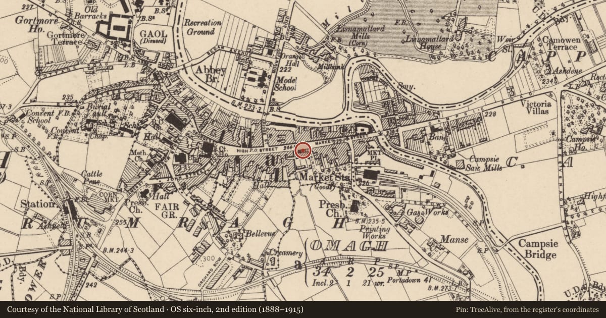Ordnance Survey six-inch map, 2nd edition (1888–1915) covering the location of Old Infirmary, Fermanagh and Omagh, with a pin at the register's coordinates
