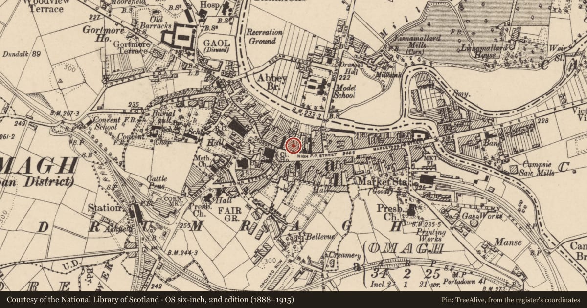 Ordnance Survey six-inch map, 2nd edition (1888–1915) covering the location of Tyrone County Club, Omagh, Fermanagh and Omagh, with a pin at the register's coordinates