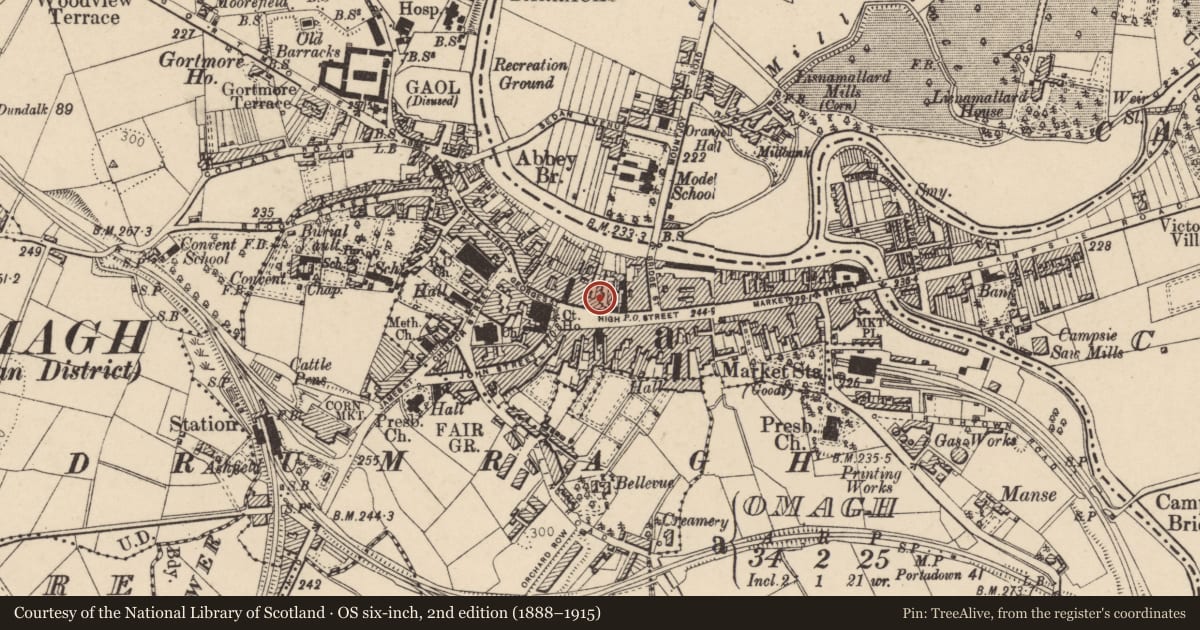 Ordnance Survey six-inch map, 2nd edition (1888–1915) covering the location of Ulster Bank, Omagh, Fermanagh and Omagh, with a pin at the register's coordinates