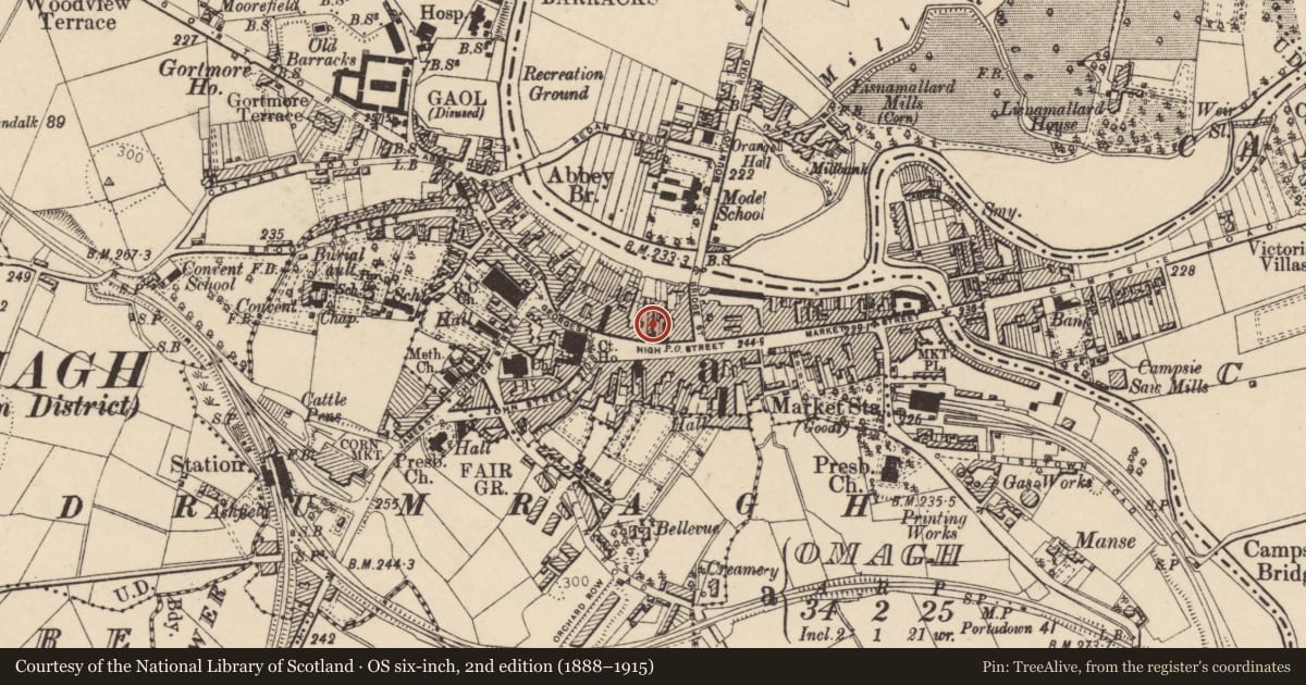 Ordnance Survey six-inch map, 2nd edition (1888–1915) covering the location of Omagh District Council, Fermanagh and Omagh, with a pin at the register's coordinates
