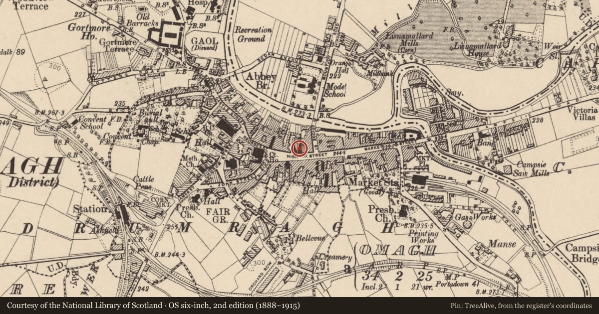 Ordnance Survey six-inch map, 2nd edition (1888–1915) covering the location of 18-20 High Street, Omagh, Fermanagh and Omagh, with a pin at the register's coordinates