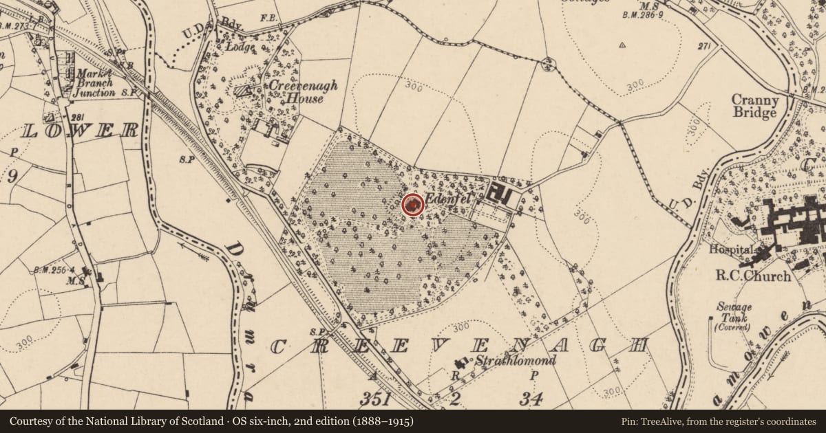 Ordnance Survey six-inch map, 2nd edition (1888–1915) covering the location of Edenfel, Creevenagh, Fermanagh and Omagh, with a pin at the register's coordinates