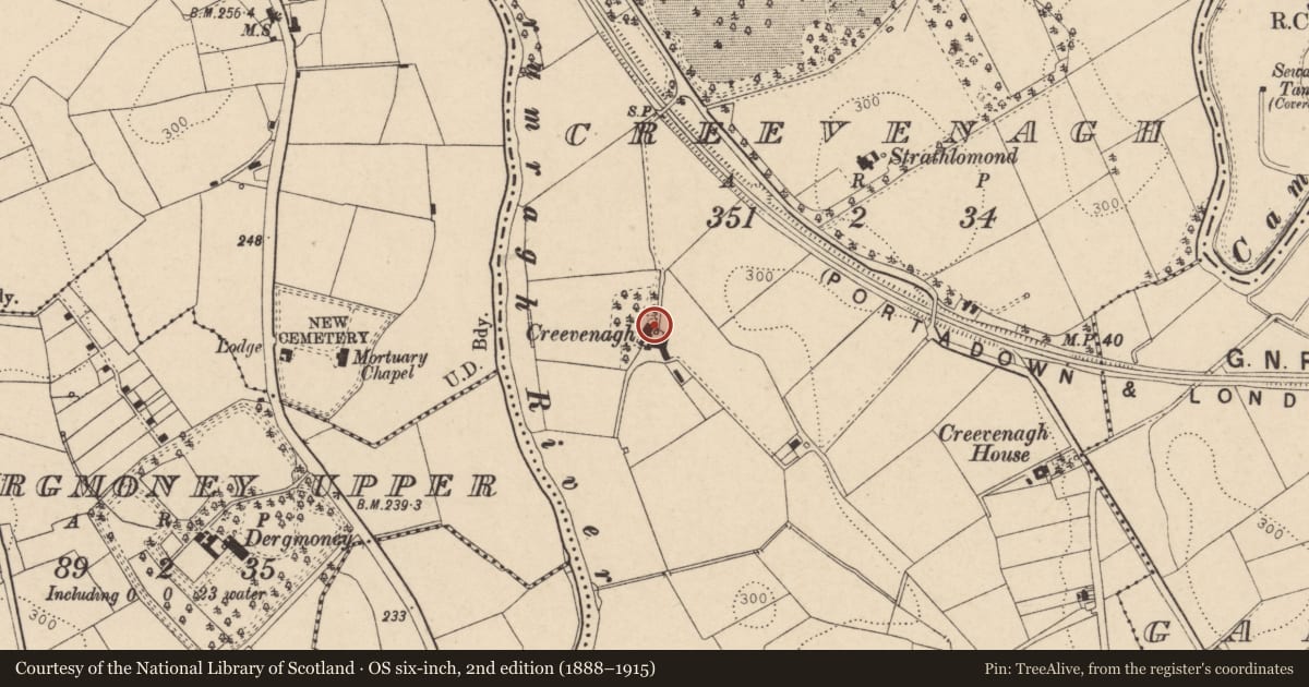 Ordnance Survey six-inch map, 2nd edition (1888–1915) covering the location of Crevenagh Farm, Fermanagh and Omagh, with a pin at the register's coordinates