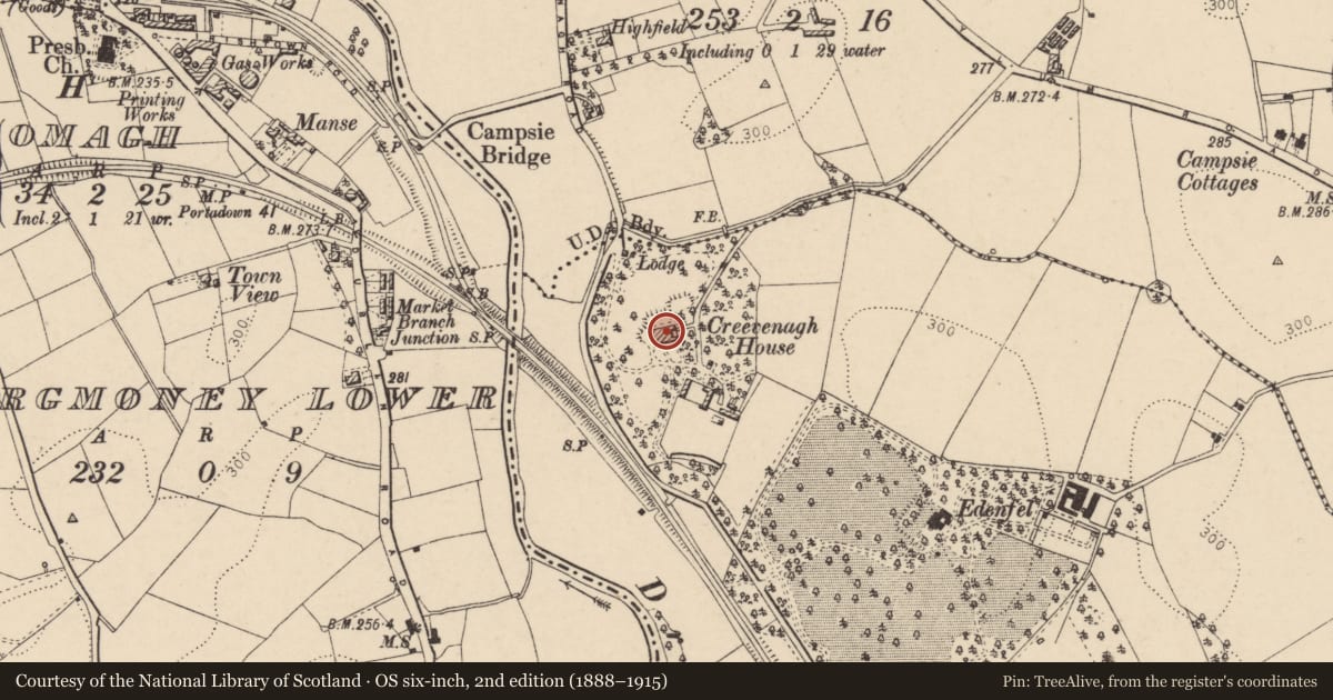 Ordnance Survey six-inch map, 2nd edition (1888–1915) covering the location of Crevenagh House, Creevenagh, Fermanagh and Omagh, with a pin at the register's coordinates