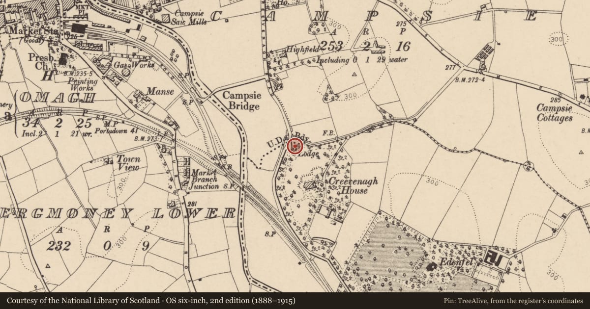 Ordnance Survey six-inch map, 2nd edition (1888–1915) covering the location of Lodge, Creevenagh, Fermanagh and Omagh, with a pin at the register's coordinates