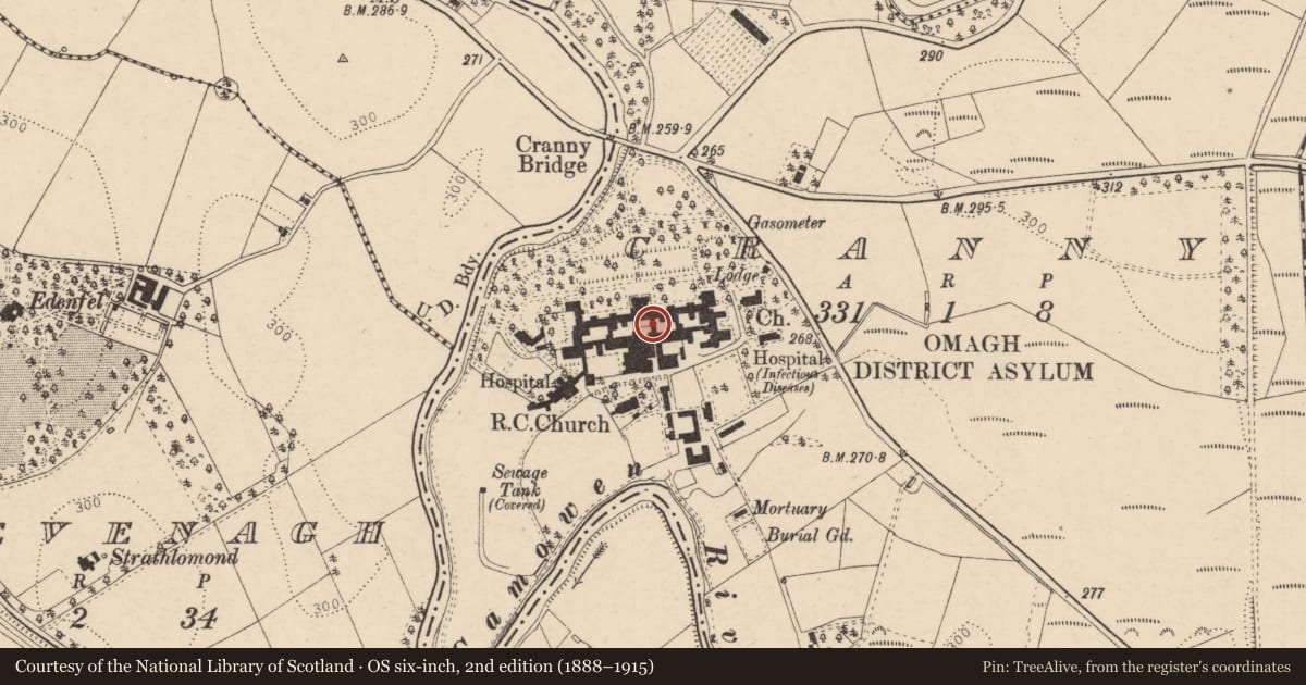 Ordnance Survey six-inch map, 2nd edition (1888–1915) covering the location of Fermanagh and Tyrone Hospital, Cranny, Fermanagh and Omagh, with a pin at the register's coordinates