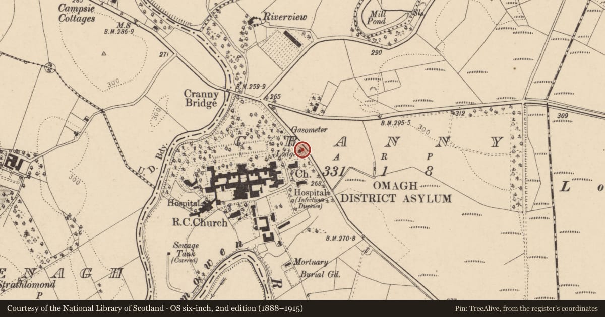 Ordnance Survey six-inch map, 2nd edition (1888–1915) covering the location of Gatelodge, Cranny, Fermanagh and Omagh, with a pin at the register's coordinates