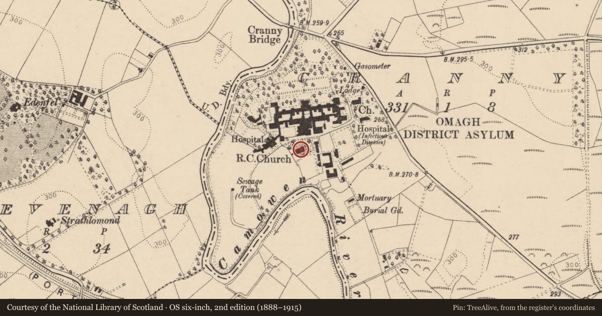 Ordnance Survey six-inch map, 2nd edition (1888–1915) covering the location of Roman Catholic Church, Cranny, Fermanagh and Omagh, with a pin at the register's coordinates