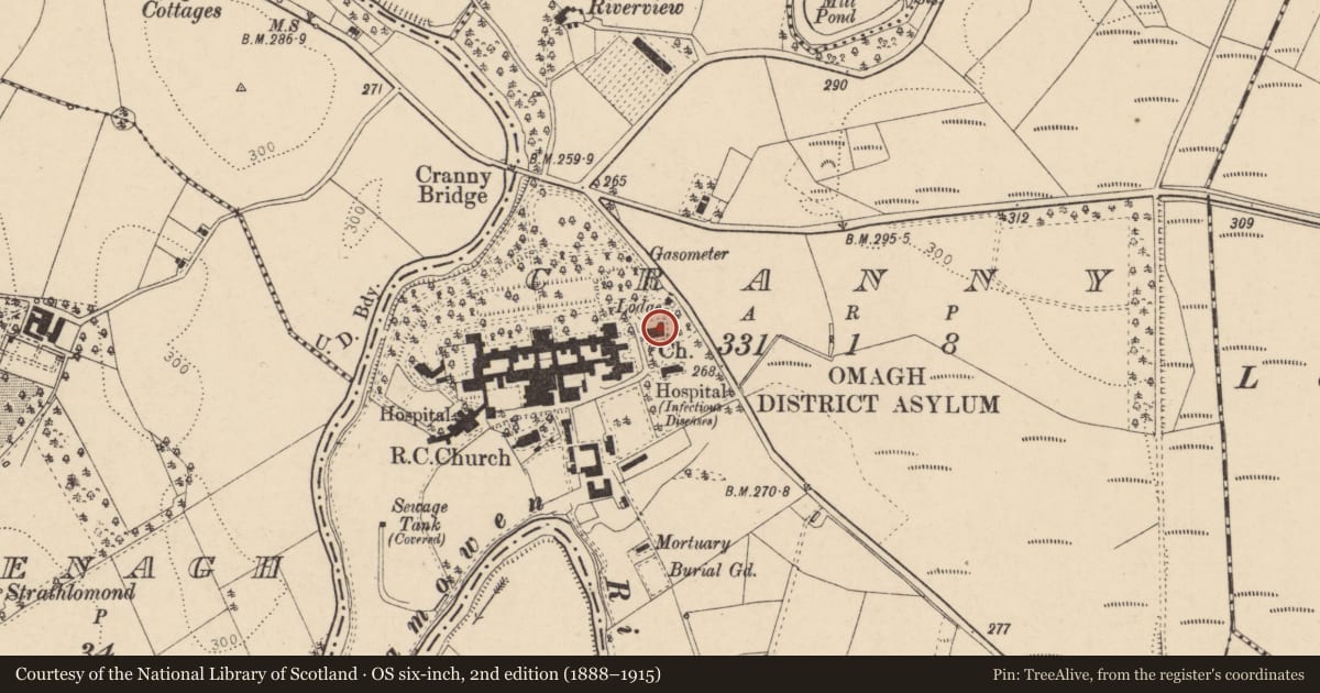 Ordnance Survey six-inch map, 2nd edition (1888–1915) covering the location of Protestant Church, Cranny, Fermanagh and Omagh, with a pin at the register's coordinates