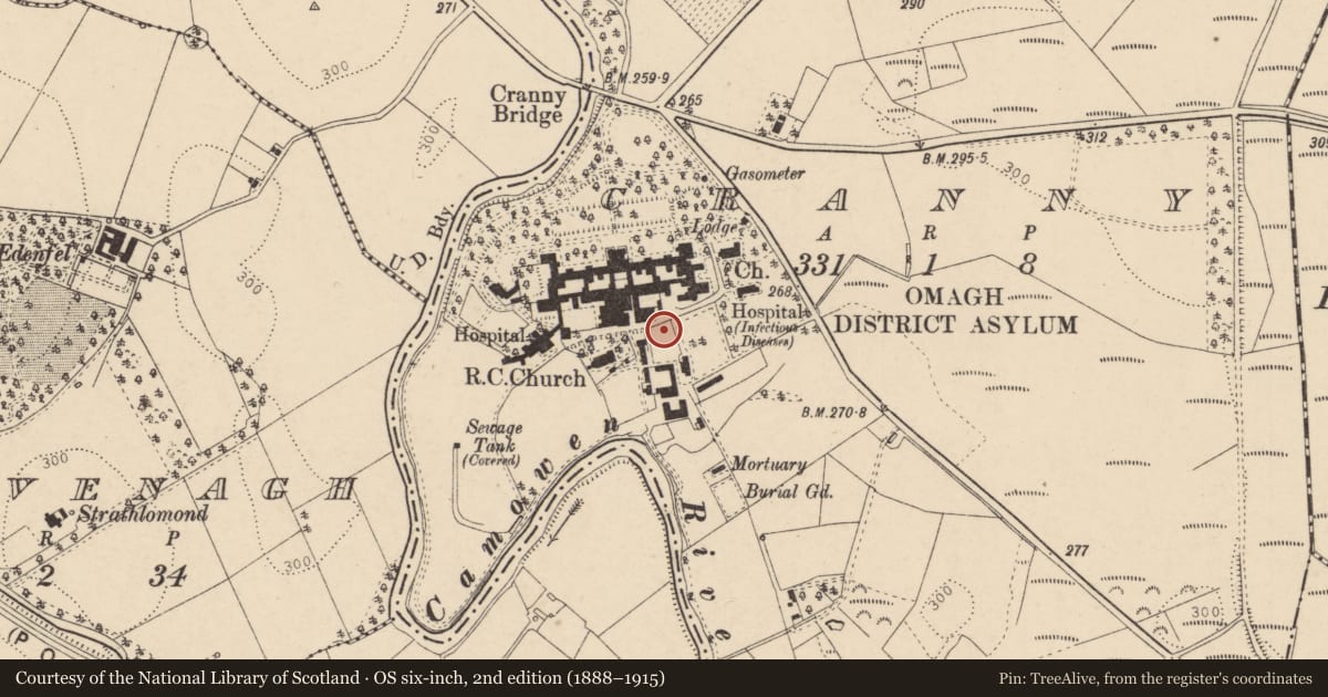 Ordnance Survey six-inch map, 2nd edition (1888–1915) covering the location of Water Tower, Cranny, Fermanagh and Omagh, with a pin at the register's coordinates