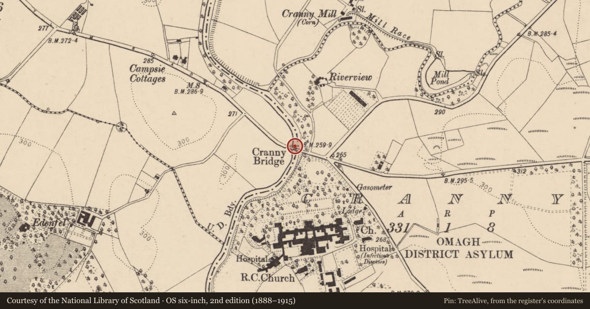 Ordnance Survey six-inch map, 2nd edition (1888–1915) covering the location of Cranny Bridge, Fermanagh and Omagh, with a pin at the register's coordinates