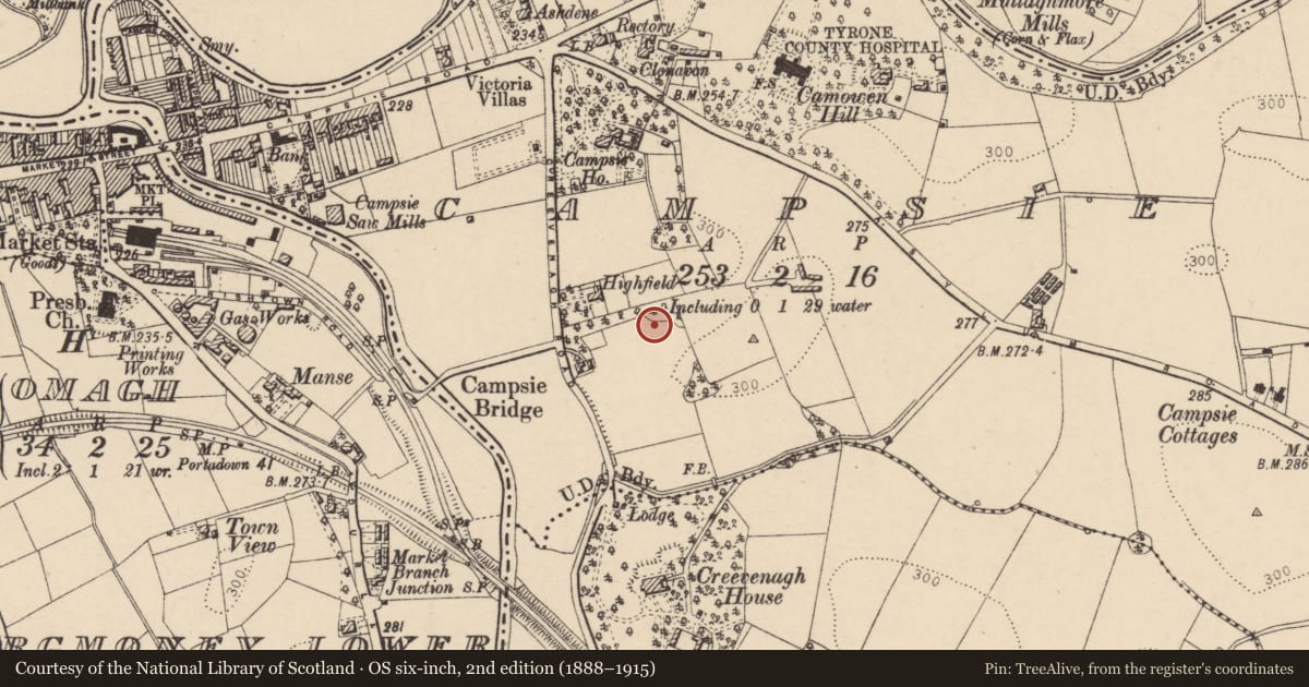 Ordnance Survey six-inch map, 2nd edition (1888–1915) covering the location of No 20 Crevenagh Road, Fermanagh and Omagh, with a pin at the register's coordinates