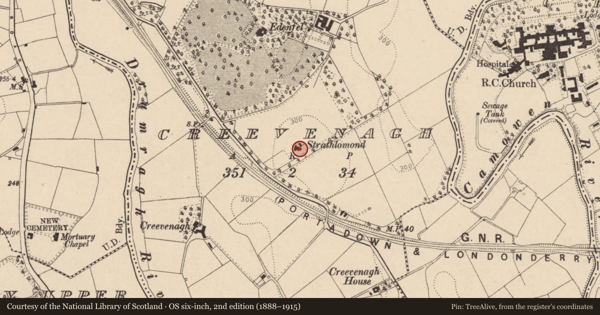 Ordnance Survey six-inch map, 2nd edition (1888–1915) covering the location of 'Strathlomond', Creevenagh, Fermanagh and Omagh, with a pin at the register's coordinates