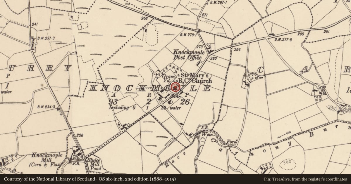 Ordnance Survey six-inch map, 2nd edition (1888–1915) covering the location of St. Mary's R.C. Church, Knockmoyle, Fermanagh and Omagh, with a pin at the register's coordinates