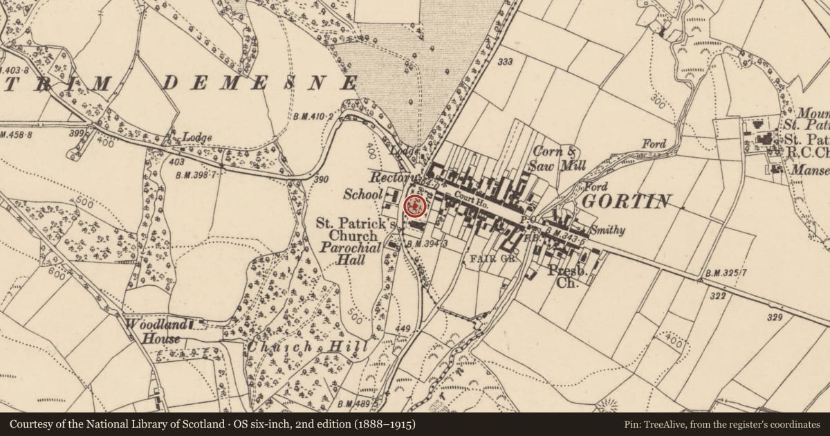 Ordnance Survey six-inch map, 2nd edition (1888–1915) covering the location of St. Patrick’s Church, Gortin, Fermanagh and Omagh, with a pin at the register's coordinates