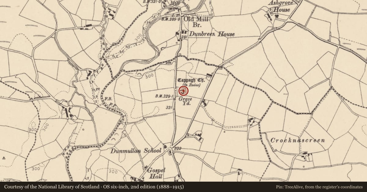 Ordnance Survey six-inch map, 2nd edition (1888–1915) covering the location of Monument In Dunmullan Old Church, Fermanagh and Omagh, with a pin at the register's coordinates