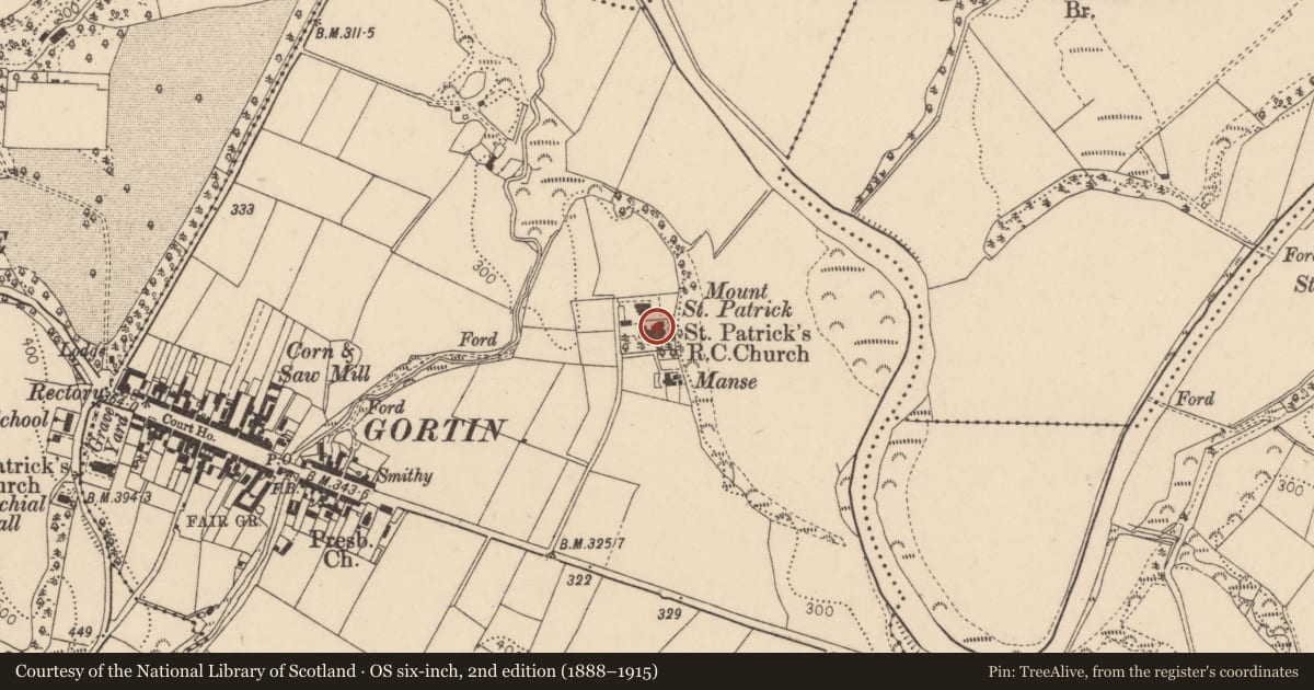 Ordnance Survey six-inch map, 2nd edition (1888–1915) covering the location of St Patrick's Roman Catholic Church, Gortin, Fermanagh and Omagh, with a pin at the register's coordinates