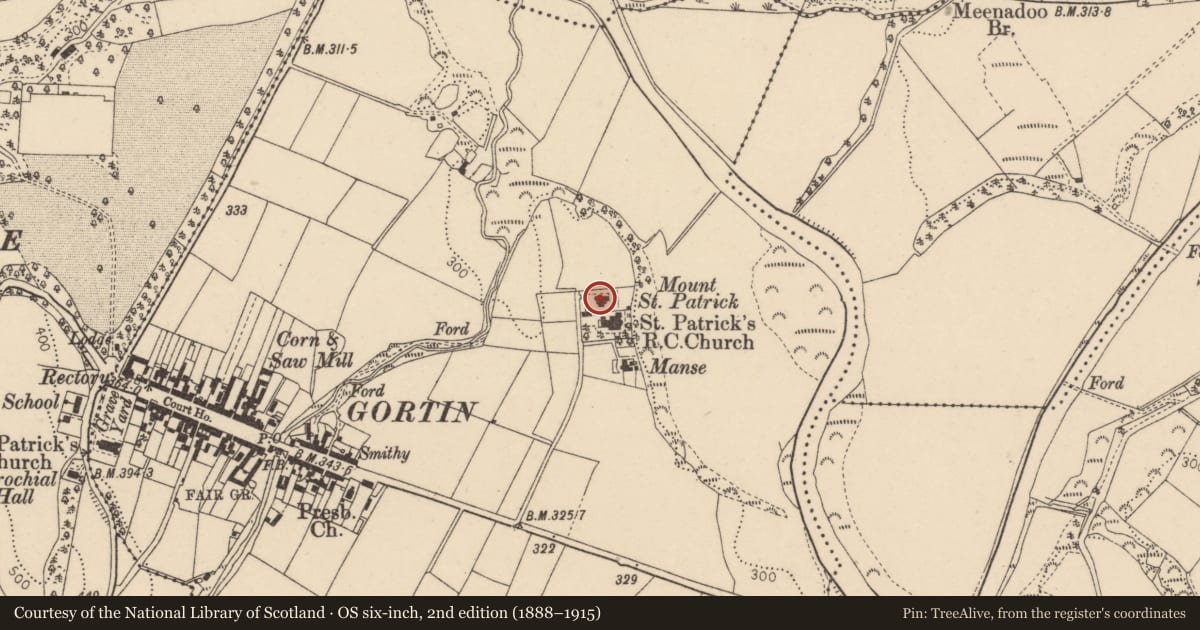 Ordnance Survey six-inch map, 2nd edition (1888–1915) covering the location of Parochial House, Gortin, Fermanagh and Omagh, with a pin at the register's coordinates