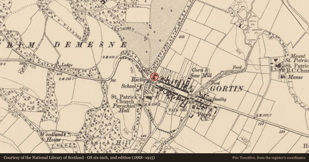 Ordnance Survey six-inch map, 2nd edition (1888–1915) covering the location of Ulster Bank, Gortin, Fermanagh and Omagh, with a pin at the register's coordinates