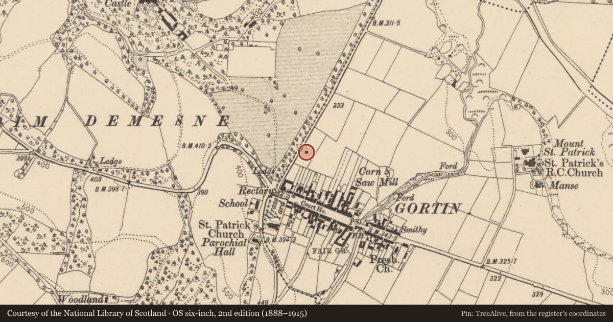 Ordnance Survey six-inch map, 2nd edition (1888–1915) covering the location of Gortin Youth Hostel, Fermanagh and Omagh, with a pin at the register's coordinates