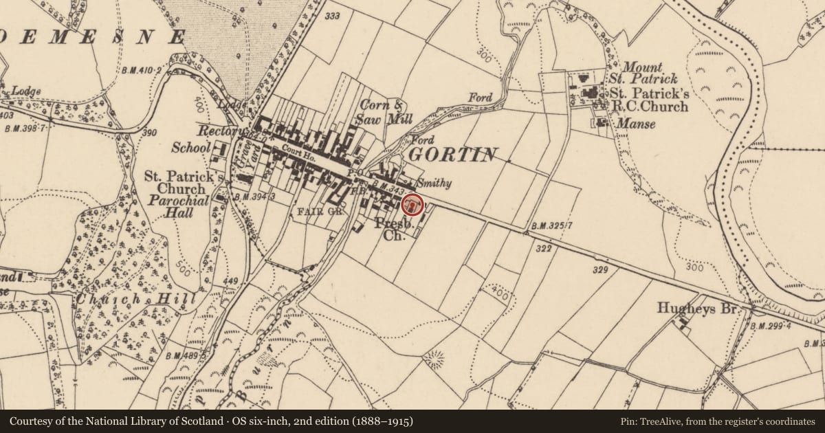 Ordnance Survey six-inch map, 2nd edition (1888–1915) covering the location of Gortin Presbyterian Church, Fermanagh and Omagh, with a pin at the register's coordinates