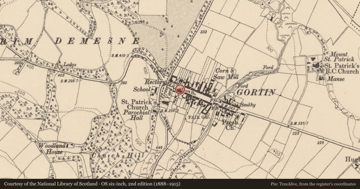 Ordnance Survey six-inch map, 2nd edition (1888–1915) covering the location of No 5, 7 & 9 Main Street, Gortin, Fermanagh and Omagh, with a pin at the register's coordinates