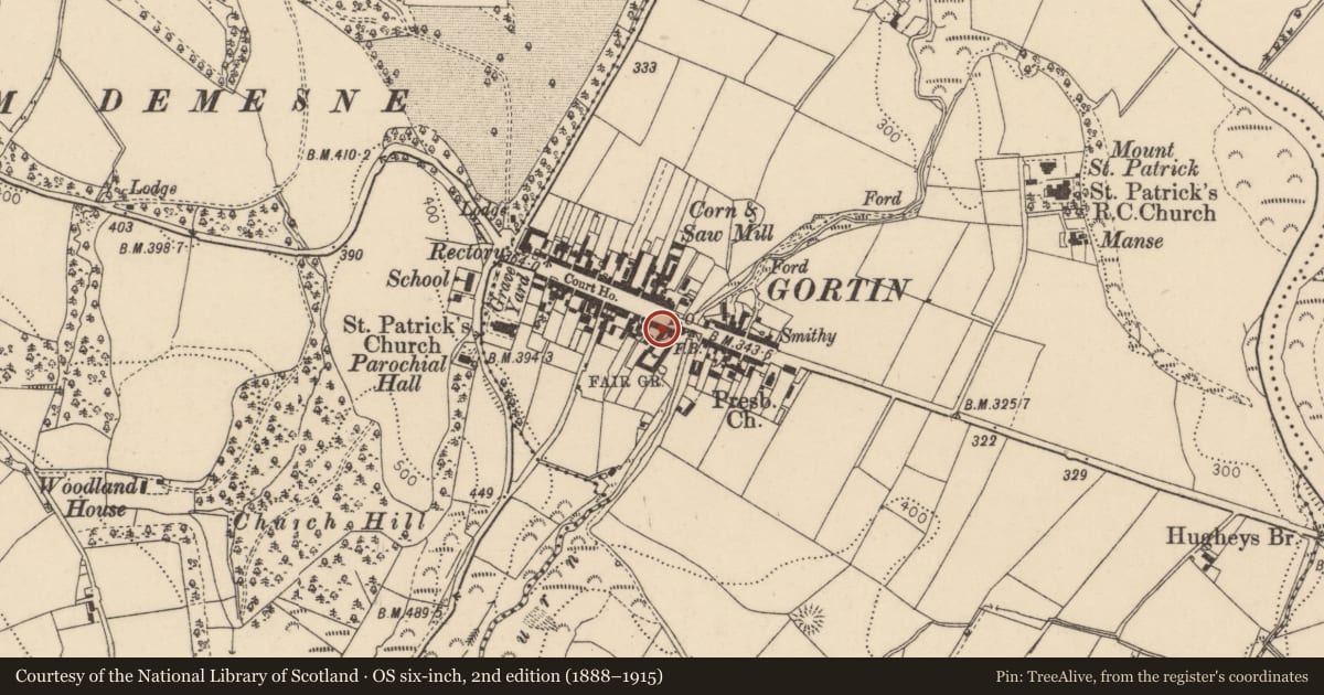Ordnance Survey six-inch map, 2nd edition (1888–1915) covering the location of Nos 41, 43 & 45, Fermanagh and Omagh, with a pin at the register's coordinates