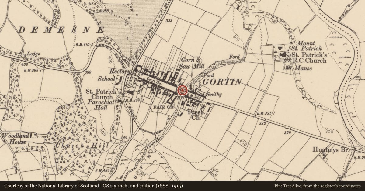 Ordnance Survey six-inch map, 2nd edition (1888–1915) covering the location of Bridge over Gortin River, Fermanagh and Omagh, with a pin at the register's coordinates