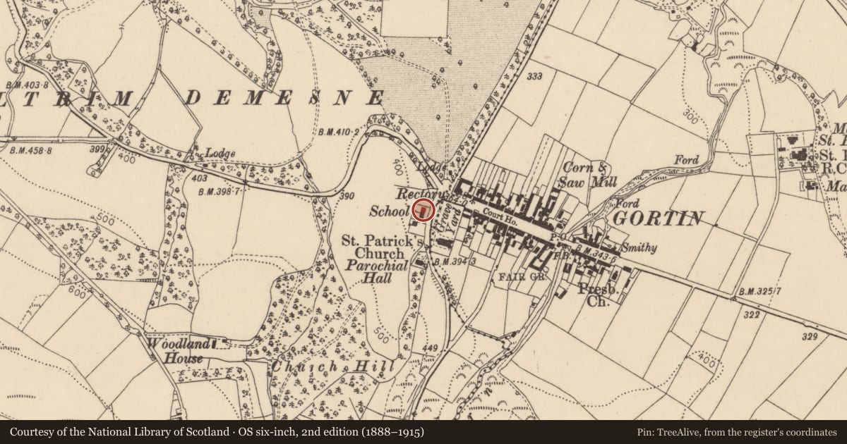 Ordnance Survey six-inch map, 2nd edition (1888–1915) covering the location of Former Beltrim National School, Rylands, Fermanagh and Omagh, with a pin at the register's coordinates