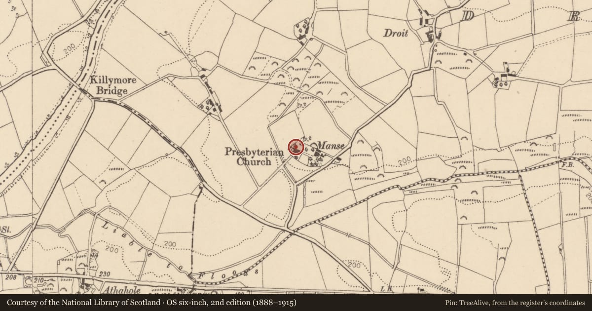 Ordnance Survey six-inch map, 2nd edition (1888–1915) covering the location of Badoney Presbyterian Church, Fermanagh and Omagh, with a pin at the register's coordinates