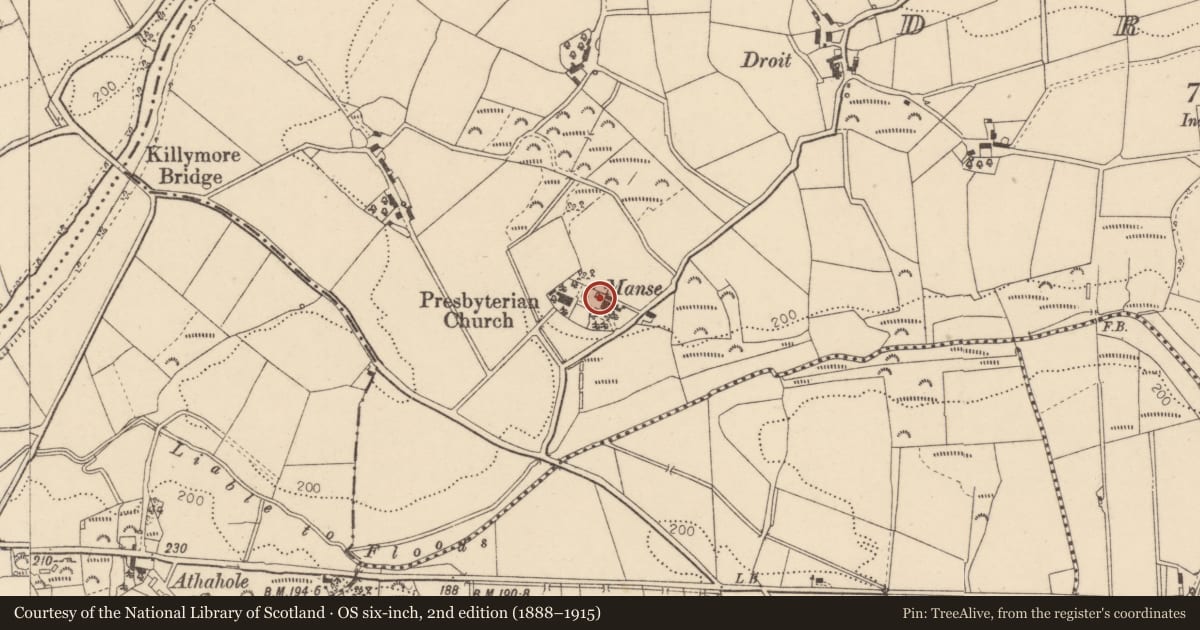 Ordnance Survey six-inch map, 2nd edition (1888–1915) covering the location of Badoney Manse, Droit, Fermanagh and Omagh, with a pin at the register's coordinates